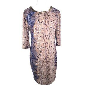 Vedika Blue Gold Python Chunky Chain Scoop Neck Sheath Dress